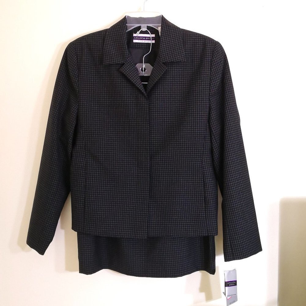 Vintage 90's Amanda Smith 100% Wool Checkered Button Up Blazer and Skirt Suit